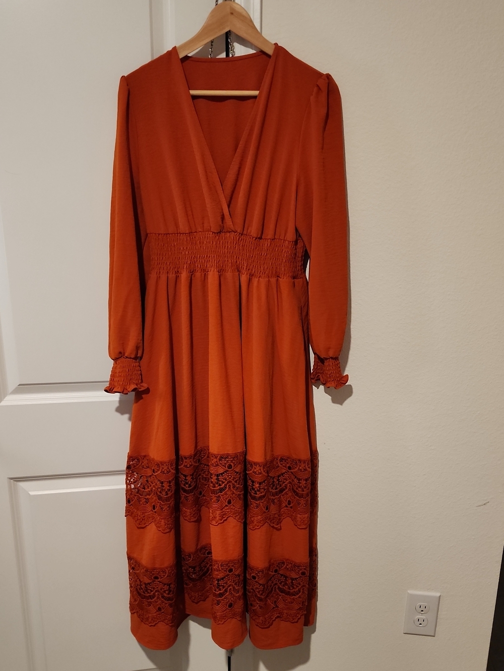 Eloquii Burnt Orange Long Sleeve Midi Dress with Lace Trim